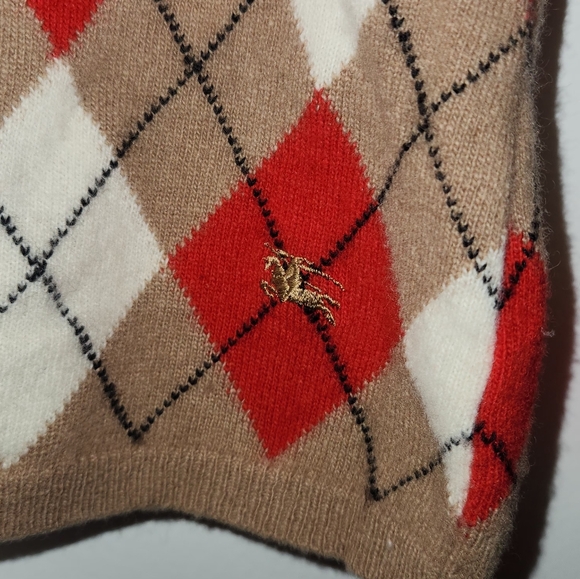 Burberry Vintage 100% Wool Argyle Pullover Sweater In Tan, Red and White Size L - Picture 7 of 10